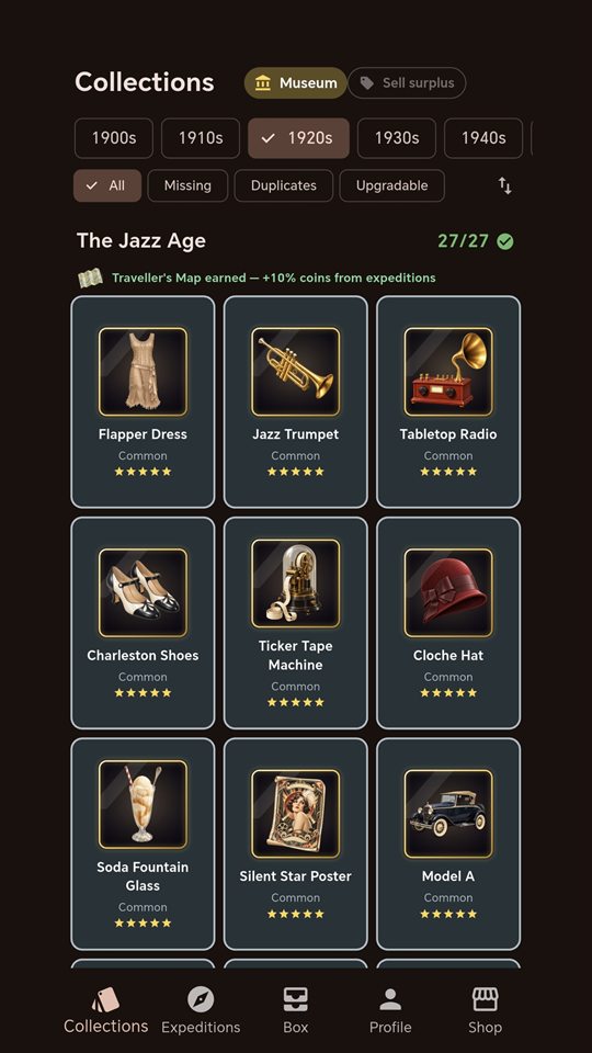 Box Collector: the collections screen